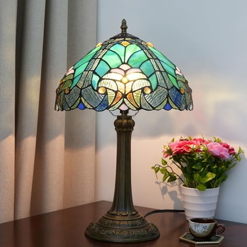 OZBME Lámpara de Mesa barroca de 30 cm con vitrales, Ideal como mesita de Noche, Escritorio de Lectura, luz Verde, Azul y Beige, Arte Antiguo, Ideal para Amantes de la artesanía, Sala