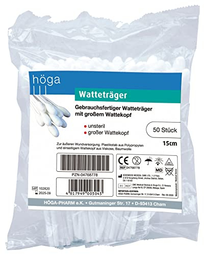 Höga Watteträger mit großem Wattekopf, 15 cm lang (Plastikstab), á 50 Stück, unsteril, 2er Pack (2 x 50 Stück)