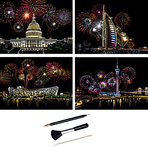ShipeeKin 4X Kratzbilder, 290 x 210 MM Weltberühmte Sehenswürdigkeiten mit Feuerwerk Wandbild, Beschichtete Bunte Kratzpapier mit Werkzeug Set