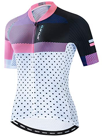 JPOJPO Radtrikot Damen Fahrradbekleidung Pro Team Sommer Kurzarm MTB Bike Shirt Top, Mädchen, pink mit punkten, S=Chest 33.9