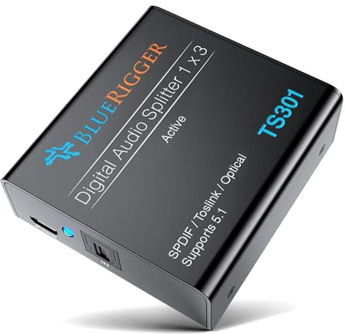 BlueRigger Digital Optical Audio Splitter 1x3 (Active Toslink Splitter 1 in 3 Out, SPDIF, Fiber Optic Audio Adapter) - for Home Theatre, Xbox, PS5/ PS4, DVD, CD Player, Receiver, HDTV