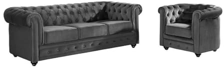 Vente-unique - Sofá 3 plazas + Sillón Chesterfield - Terciopelo - Gris Antracita