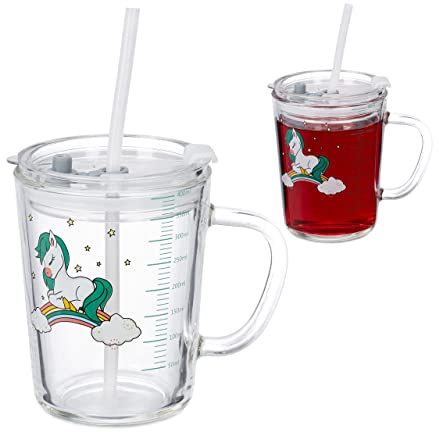Relaxdays Set da 2 Tazze per Bambini, Vetro, Silicone, ABS, con Cannuccia, Manico e Tappo, 400 ml, Unicorni, Trasparente