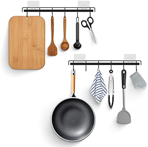 Hangerspace Utensil Rack Kitchen Utensil Holder Rail with 6 Hooks Space Saving No Drilling Wall Mounted Self Adhesive for Kitchen Bathroom Bedroom（Black）