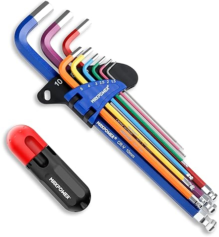 MaxPower Jeu de 9 clés Allen - Jeu de clés hexagonales SAE - Ensemble d'extrémité de boule à bras extra long métrique avec poignée en T