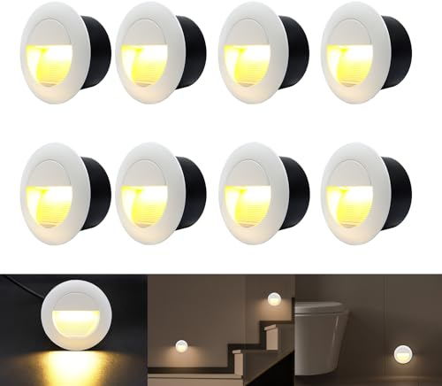 FWoche Juego de 8 lámparas led empotrables de pared, Luces Empotrables Para Escalones, 65mm, aluminio, redondas, 230V, 3W, Blanco cálido Apliques de pared de Luces de escalera IP65, Blanco