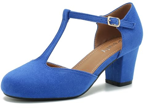 Peijely Womens T Strap Mary Jane Shoes Chunky Block Heel Ankle Strap Buckle Dress Pumps, Royal Blue Suede, 5.5 UK