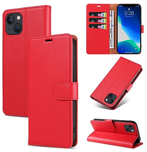 KKEIKO Coque pour iPhone 13, Antichoc Magnetique Étui à Rabat avec Porte Cartes, Portefeuille Housse en Cuir PU Coque pour iPhone 13, Rouge