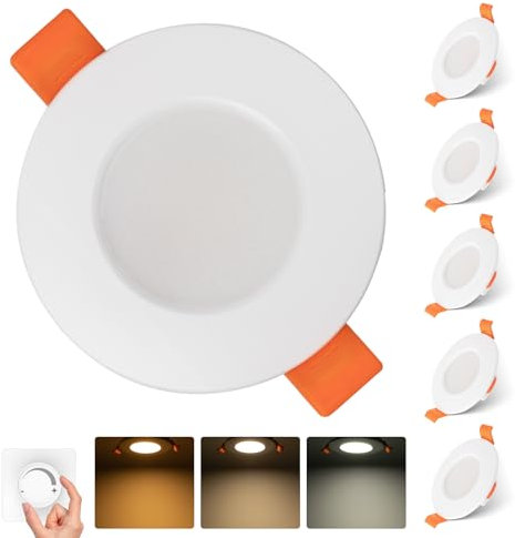 Wesome Lighting Ultraplatt LED Inbyggd Spot 230V, 68mm, 4W 400LM Dimmbar, 3 Färgtemperaturer (3000K/4000K/6500K), IP44 Badrum Taklampa, 6-pack, Energiklass C (4W 400LM, Φ65-70mm)