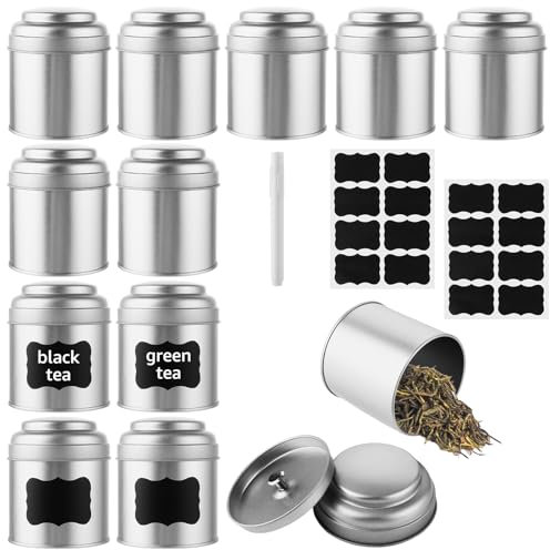 ZOFUN 12 cajas de té para té suelto, recipientes para té suelto con tapas dobles herméticas, caja redonda de lata de 50 g, pequeños recipientes de cocina para té, café, azúcar, hierbas y especias
