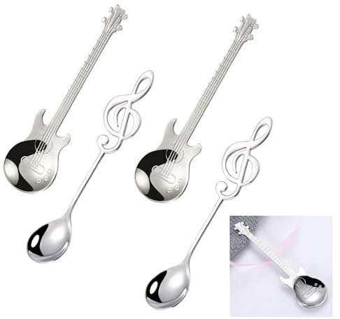 LINGJIA 4 Piezas Cucharas de Postre, Cucharillas Postre, Cucharillas Cafe, Cuchara Guitarra Café, Regalo Músico, Cuchara Acero Inoxidable, Cuchara Nota Musical, para Té, Café, Postre, Bebida, Batido