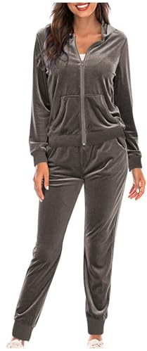 Survêtement d'intérieur en velours pour femme - Survêtement 2 pièces avec veste sweat à manches longues + poignets - Pantalon de jogging à capuche - Survêtement de loisirs - Tenue sportive - Tenue de
