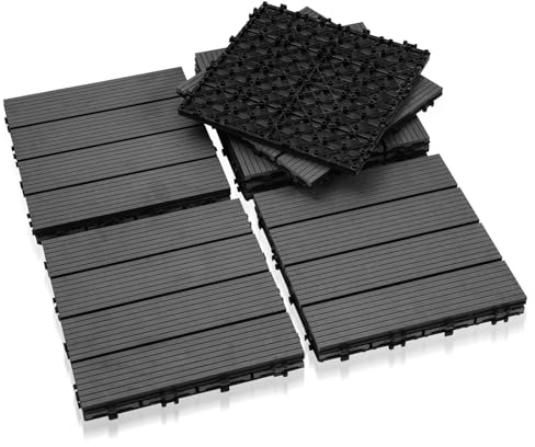 Eulenke WPC terrassplattor 44 stycken, 30 x 30 cm terrassbrädor för balkonggolv, klickplattor, balkongplattor i träutseende, golvbeläggning väderbeständig för terrass, för 4 m², grå