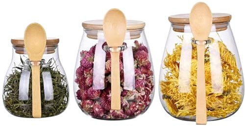 Lxoraziy Tarros de Cristal con Tapa de Bambú y Cuchara, Set de 3 Botes Herméticos 350ml 600ml 1000ml, Recipientes de Almacenamiento para Cocina Café Té Azúcar Especias