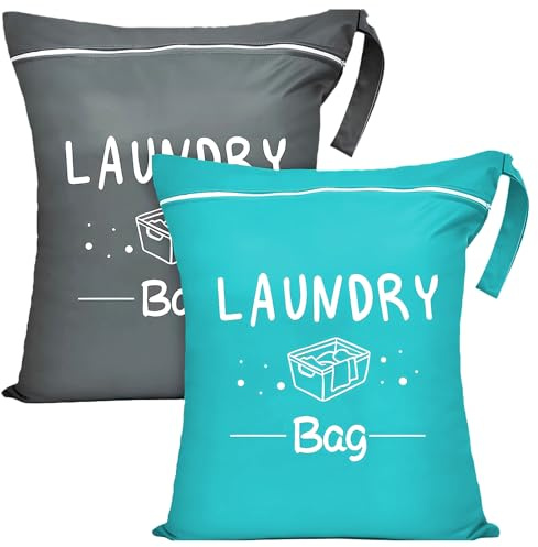 Cosswe 2 PCS Sac a Linge Sale Voyage，48 x 38 cm Impermeable Vêtements Mouillés Sac Organisateur Pliable，avec Fermeture Sac de Rangement pour Maillots de Bain, Voyage Sport, Gym (bleu + gris)