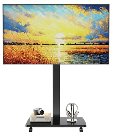 Rullande TV-vagn för 10-42 tum LCD LED OLED plasma-TV-apparater, höjdjusterbar, golvstående TV-vagn med 90° panelrotation, mobil TV-stativ på hjul, 30 kg lastkapacitet, max VESA200 x 200 mm (svart)