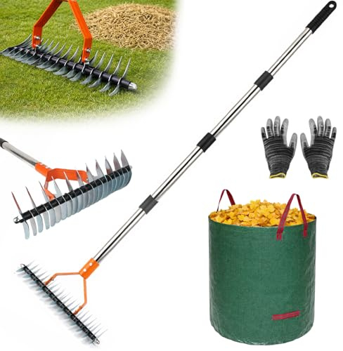 Thatch Rake for Lawn, 15'' Wide Thatcher Rake with 40-70'' Adjustable Handle, 3-in-1 Dethatcher Rake with Bag, Dethatching Rake for Dead Grass Removing, Soil Loosening, Sod Laying, Leaves Gathering