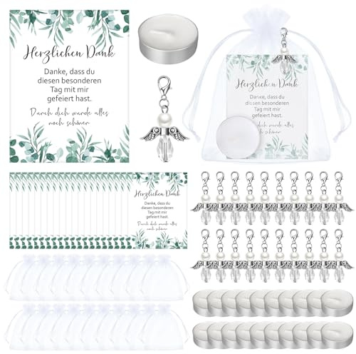 Otuuz 20 Sets Recuerdos de Comunión Colgante de Ángel Velas Tarjetas de Agradecimiento Bolsas de Organza Regalo de Agradecimiento para Primera Comunión Bautizo Confirmación Boda Cumpleaños