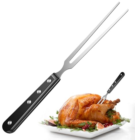 Köttsnideri matlagningsgaffel – slitstark rostfritt stål tvåspetsgaffel för grillning, 28 cm långa metallmatlagningsgafflar för grillning med trähandtag