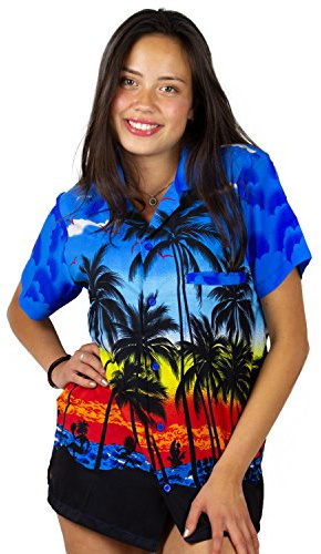 V.H.O. Funky Hawaii-blus, Hawaii-skjorta, kortärmad med framficka, Hawaii-tryck med strand och palmer, i olika färger, Strandblå, L