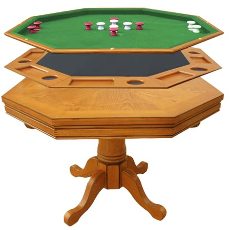 Hathaway Kingston 3 in 1 Octagon Poker Table, Dining & Bumper Pool Table for Game Rooms - Durable Hardwood, Sturdy Legs, Smooth Playfield - Includes Bumper Balls, Cues, Chalk, Brush - Oak
