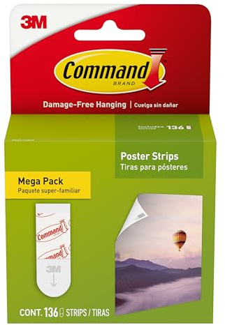 Command Poster Strips Mega Pack, 136 Strips Damage-Free Poster Hangers, No Tools Requried, Great for Home, Room, Wall, Office, and Dorm Decor, White Adhesive