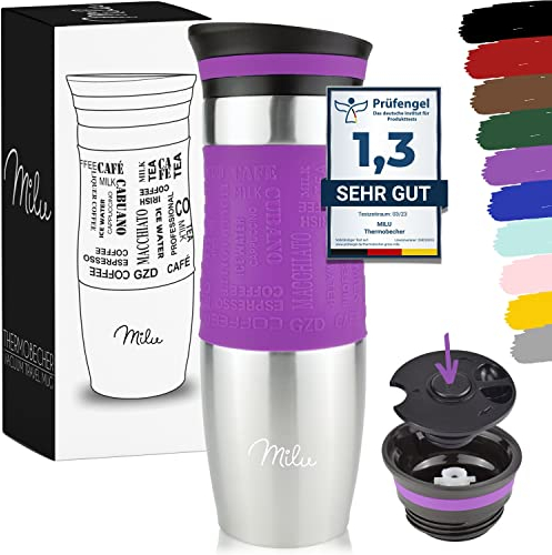 Milu Thermobecher Kaffee to go 370ml, 450ml Isolierbecher Kaffeebecher - 100% Auslaufsicher - Trinkbecher aus Edelstahl - Autobecher doppelwand Isolierung - Travel Mug (Violett, 450ml)