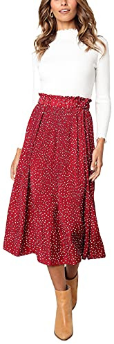 HOEREV Donna Stampa Punto con Tasche Plissettate Gonna Lunga Festa in Spiaggia Maxi Gonna, Piccolo Punto Bianco Rosso,Large