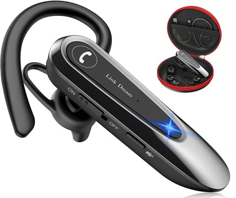 Link Dream Bluetooth Earpiece Wireless CVC8.0 Headset for Cell Phone Dual Mic Noise Canceling Earpiece Phone with Mute Key 20H Talk 180 Days Standby for iPhone Android Home Office Driving (1 Pack)