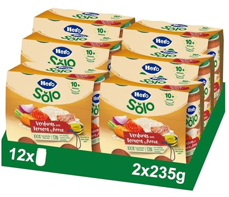 Hero Baby - Tarritos de Verduras con Ternera y Arroz con Trocitos, Sin Sal Añadida, Sin Almidón, Sin Aceite de Palma, Ingredientes 100% Naturales, Para Bebés a partir de 10 Meses, 6 Packs de 2x235g