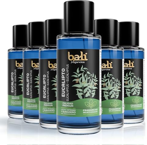 Bali fragancias Pack de Esencias al Aceite de Eucalipto para Humidificador. Set de Ambientadores Frescos en Esencia para Difusor. Aceite Natural para Quemador de Aromaterapia. 50 ml. 6 Unidades