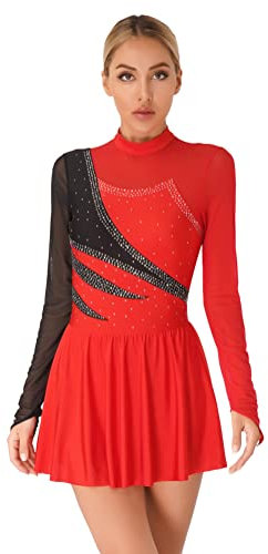 Alvivi Eiskunstlauf Kleid Damen Langarm Rollschuhkleid mit Strass Ballerina Kleid Glitzer Eislaufkleid Tango Rumba Latein Tanzkleid Rot S