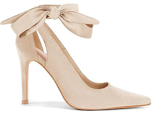 Fashare Womens Bow Heels Closed Toe Stiletto High Heel Sexy Wrap Tie Removable Strap Pumps Dress Shoes, C-Nude, Siza 8.5