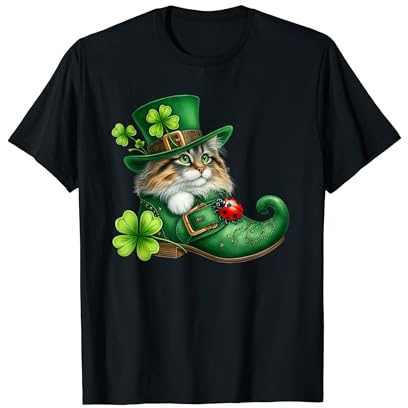 St Patrickâs Day Cat in Shoes - Norwegian Forest - Cute T-Shirt