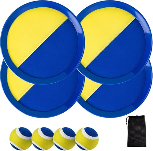 U&C Planet Juego de Pelota con Velcro Juego de Lanzamiento Pelota Impermeable Niños de 3 a 12 años Set de 2 Pelotas de Playa 4 paletas y 4 Pelotas con 1 Bolsa (Azul Y Amarillo)