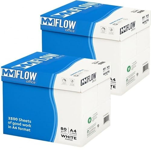 MM FLOW Office Carta A4 per stampante 80gr (210 mm x 297 mm) - Confezione da 10 Risme da 500 Fogli -5.000 fogli totali - Carta Per Stampante, Ufficio, Casa, Fotocopie, Multiuso - Bianca