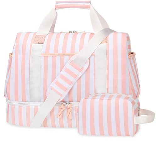 Bosidu Pink Striped Weekender Bags for Women 2Pcs Set with Shoe Compartment & Wet Pocket Overnight Travel Duffle Bag