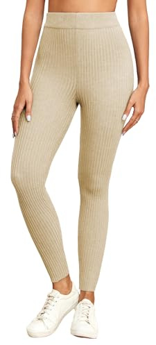 Famulily - Leggings de costilla de cintura alta para mujer, ajustadas y elásticas, para otoño e invierno, beige, L Slim
