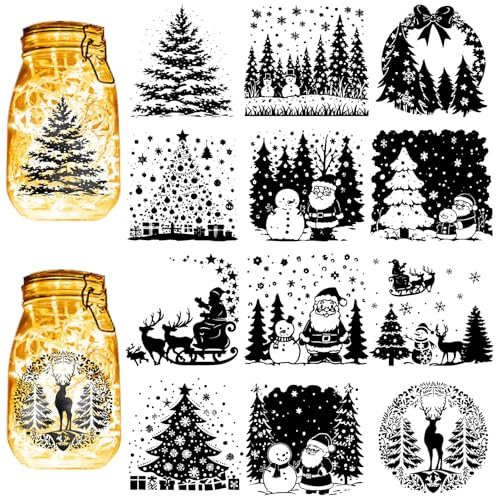 CREATCABIN 12Pcs Christmas Silhouettes Mason Jar Decor Christmas Tree Laser Cut Cardboard Scrapbook Cutouts Die Cuts PVC Decoration for DIY Crafts Lantern Jars Wall Window Glass 3.9x3.5Inch-No Sticker