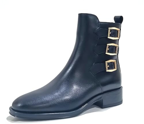 ALPE - Botín con tacón ancho y bajo,punta fina,piel,hebillas en el tobillo,bota tobillera,cremallera, para: Mujer color: NEGRO talla:38