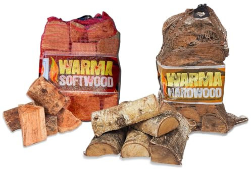 25L Net of Softwood, 27L Hardwood Logs & 4kg Kindling Nets Firewood - Warma Kiln Dried Wood - For Outdoor Open Fire Pits Wood Burners Coal Stoves Log Burners - 1 x Softwood & 1 x Hardwood Nets