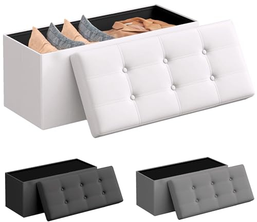 JUPPLIES Puff de Almacenaje 80 L, 76 x 38 x 38 cm - Baúl de Almacenamiento con Tapizado PVC, Plegable y Acolchado - Banco con Tapa Soporta 300 kg para Dormitorio, Salón o Vestidor - Blanco