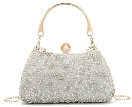 EVEOUT Perlen Clutch für Damen Handtaschen mit Perlenstickerei Elegante Kristall Hochzeitstaschen Bestickte Abendtasche Brauttasche Umhängetasche für Party Abschlussball