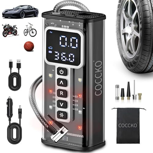 COCCKO Compresor de Aire Portátil para Neumáticos de Coche/Moto/Bici-60W, 20L/min,0.2-150PSI,Batería de Litio USB-C Recargable,5 Modos, Power Bank,Medición y Memoria Automática