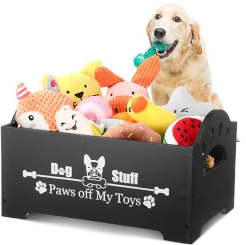 Marsui Wooden Dog Toy Bin Basket with Handle Large Dog Stuff Storage Box Cute Pet Stuff Organizer for Chew, Blankets, Leashes, Food Gift for Living Room Area(Black,13.78 Inch)
