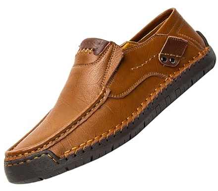 Mocasines de cuero para hombre, sin cordones, de caña baja, ligeros, cómodos, transpirables, informales, para exteriores, zapatos de vestir con suela suave, Brown, 41 1/3 EU