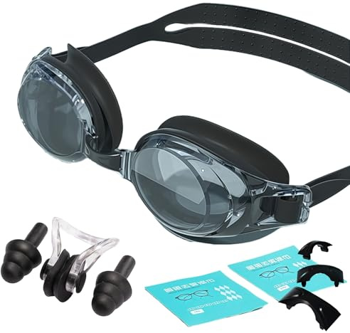 HSTWODE 1Stück Optische Schwimmbrille mit Sehstärke -1,5 bis -9,0, Anti-Beschlag-UV-Schutz, Einteilige Schwimmbrille mit Ohrstöpsel, für Herren und Damen (Schwarz, -4,0)