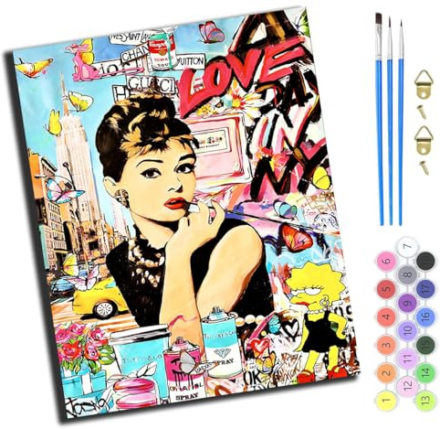 XIAOYOUQIAN Audrey Hepburn Mit Street-Graffiti-Makeup,Malen Nach Zahlen,Diy Handgemalt Ölgemälde,3 Pinseln Und Vorgedruckt Leinwand，Ölgemälde,Festival Geschenk Home Deko，40X50Cm,Ohne Rahmen