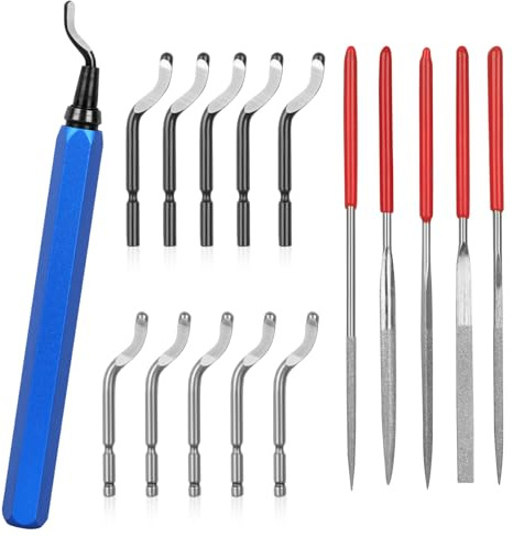 KOMABLEN Entgrater Metall Werkzeug Universal, 360°Rotierender Handentgrater mit 10 Schnellarbeitsstahl Klingen und 5-Diamant-Feilen-Set 3d Drucker Zubehör für Kunststoff, Aluminium, Edelstahl
