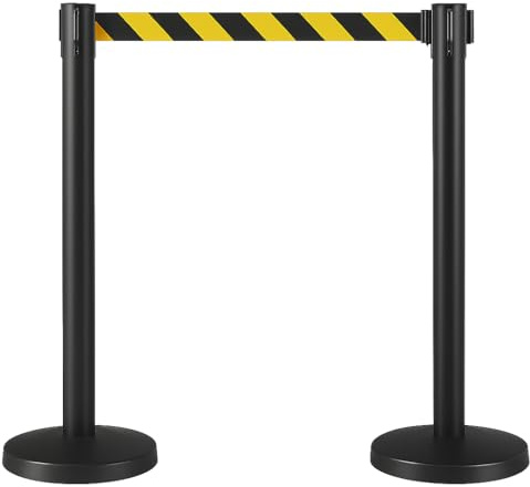 Retractable 3m Belt Barriers Twin Pack - Heavy-Duty Steel Stanchion for Queue & Crowd Control - Freestanding Durable Retractable Safety Barrier (Black Post, Black & Yellow Belt)